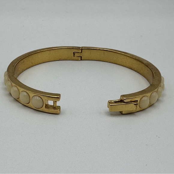 J.Crew Gold Tone Bangle Bracelet 7” Cream Enamel Dots Hinged Design - Picture 2 of 5